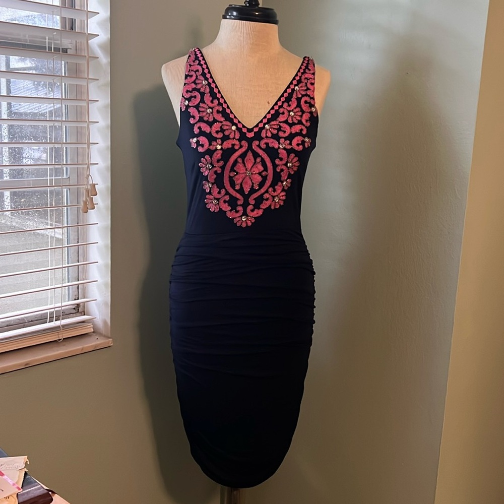INC Navy Embroidered Bodice Body Con Dress